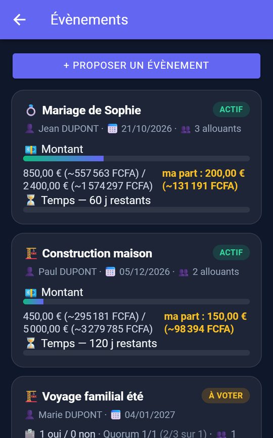 Liste des évènements de la famille, avec un vote en cours et son décompte