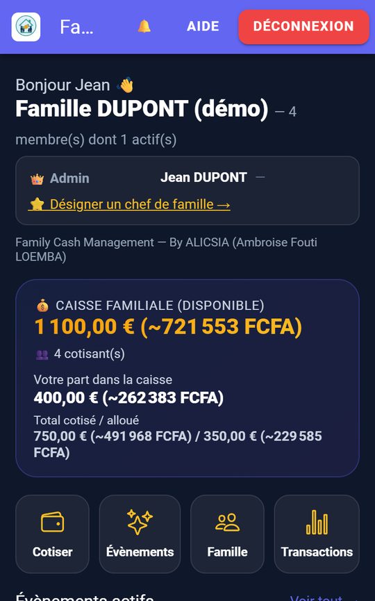 Tableau de bord : caisse familiale et part personnelle, en euros et en FCFA