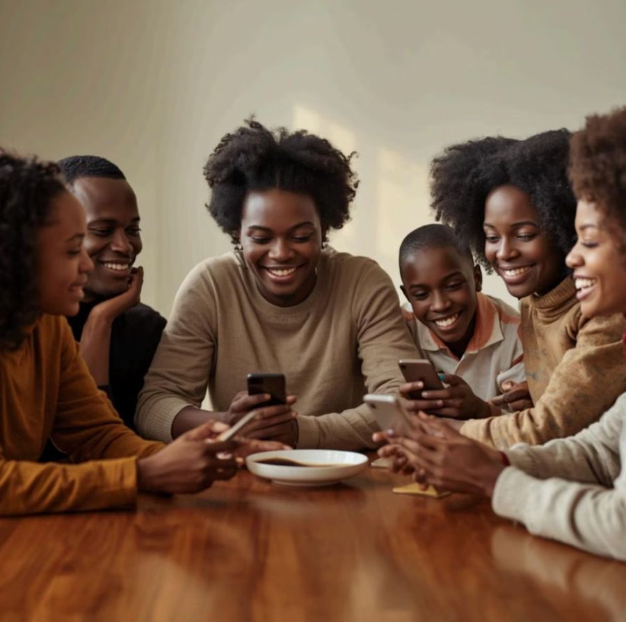 Plusieurs membres d'une même famille consultent ensemble la caisse commune sur leurs téléphones