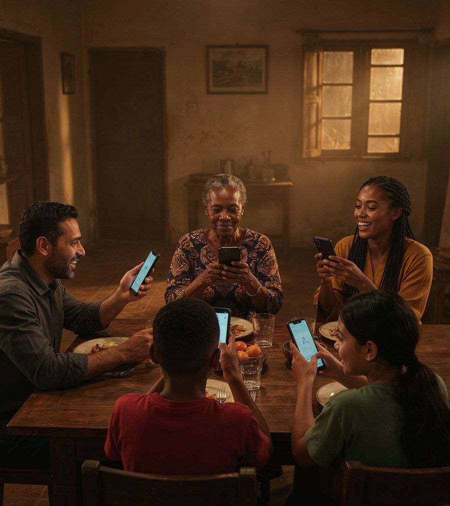 Trois générations réunies autour d'une table, chacun consultant la caisse familiale sur son téléphone